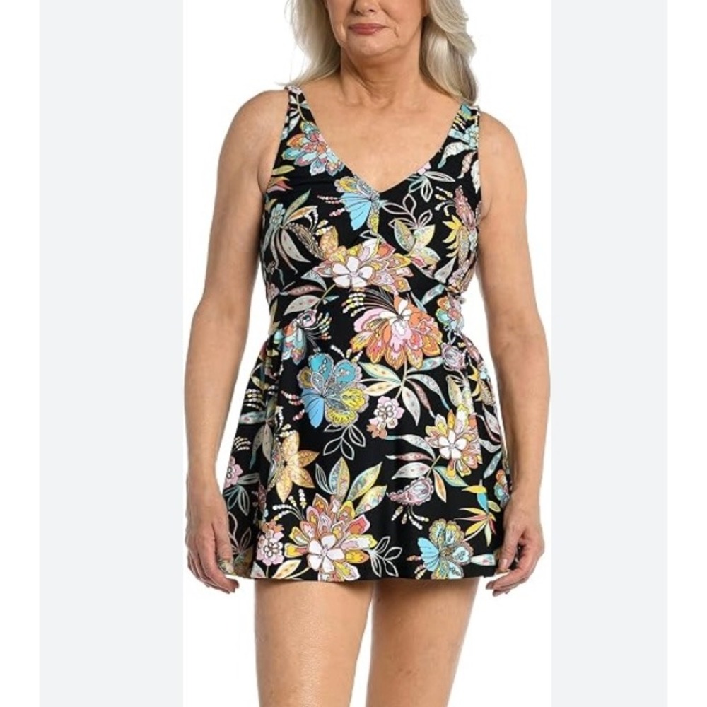 Maxine of Hollywood Tulum Empire Floral Swimdress Black Multi One Piece NWT 8
